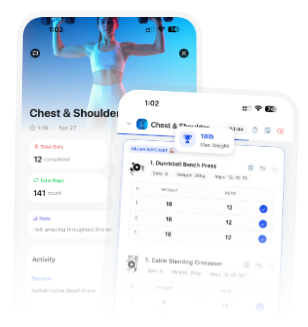 Training app showing a logged Chest and Shoulders session